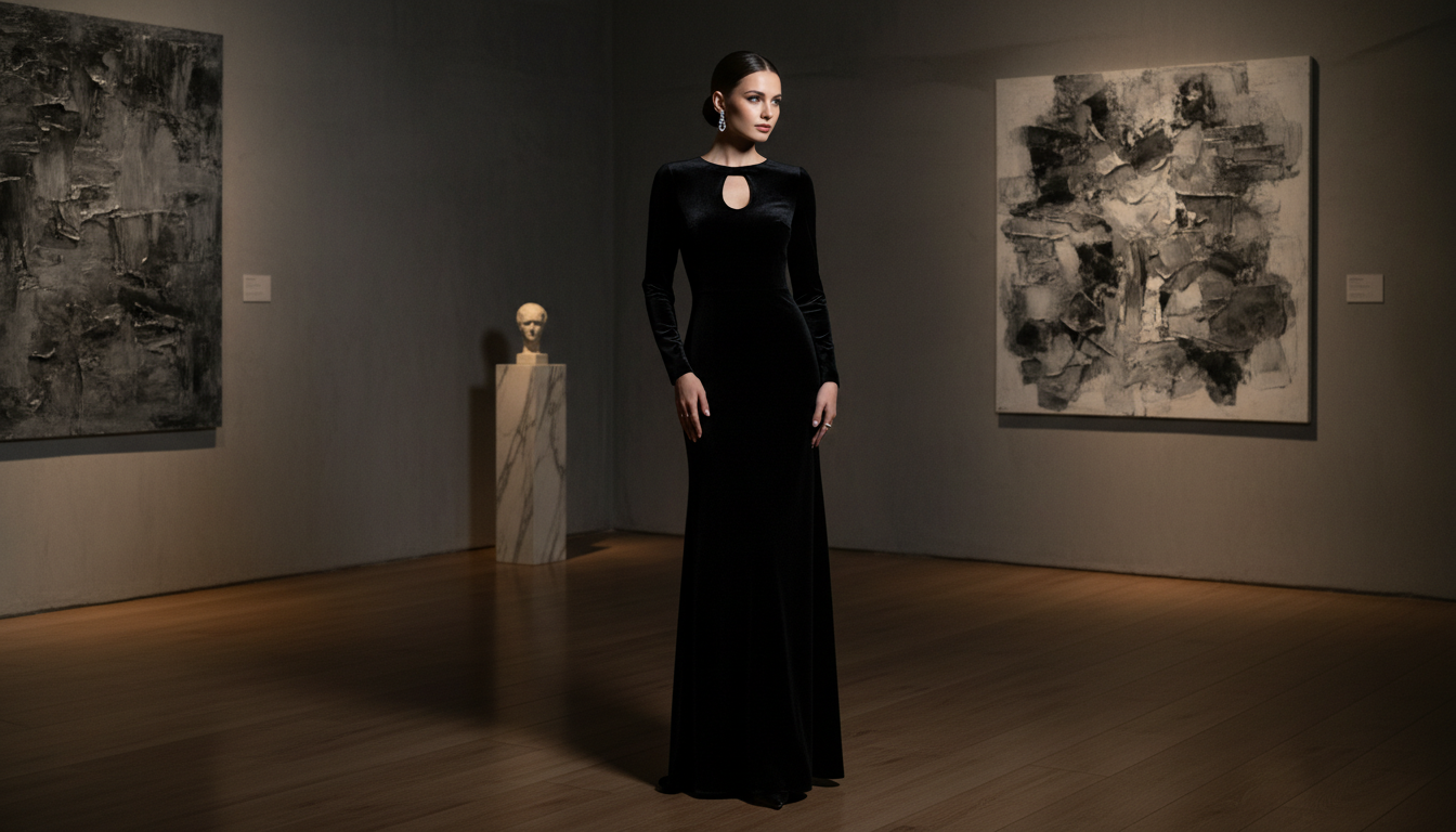 Вечернее платье в пол из черного бархата с длинными рукавами и элегантным круглым вырезом «кейхол» на шее.