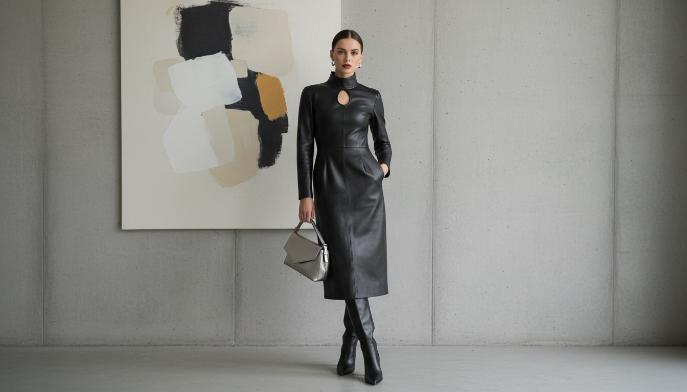 Модный инфлюенсер в кожаном платье-миди с воротником-стойкой и небольшим круглым вырезом «кейхол», демонстрирующая острый, современный стиль.