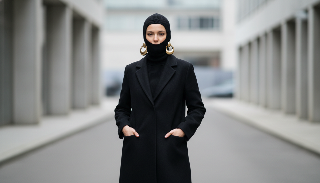 Девушка в черном пальто-макси и черной балаклаве, акцентирующая образ крупными золотыми серьгами-кольцами.