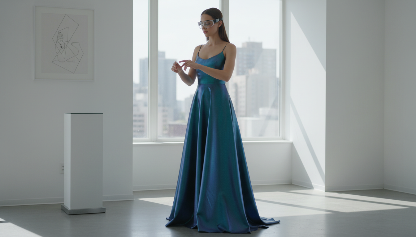 Женщина примеряет виртуальное платье с помощью AR-очков, проецируя его на свое тело в реальном времени.