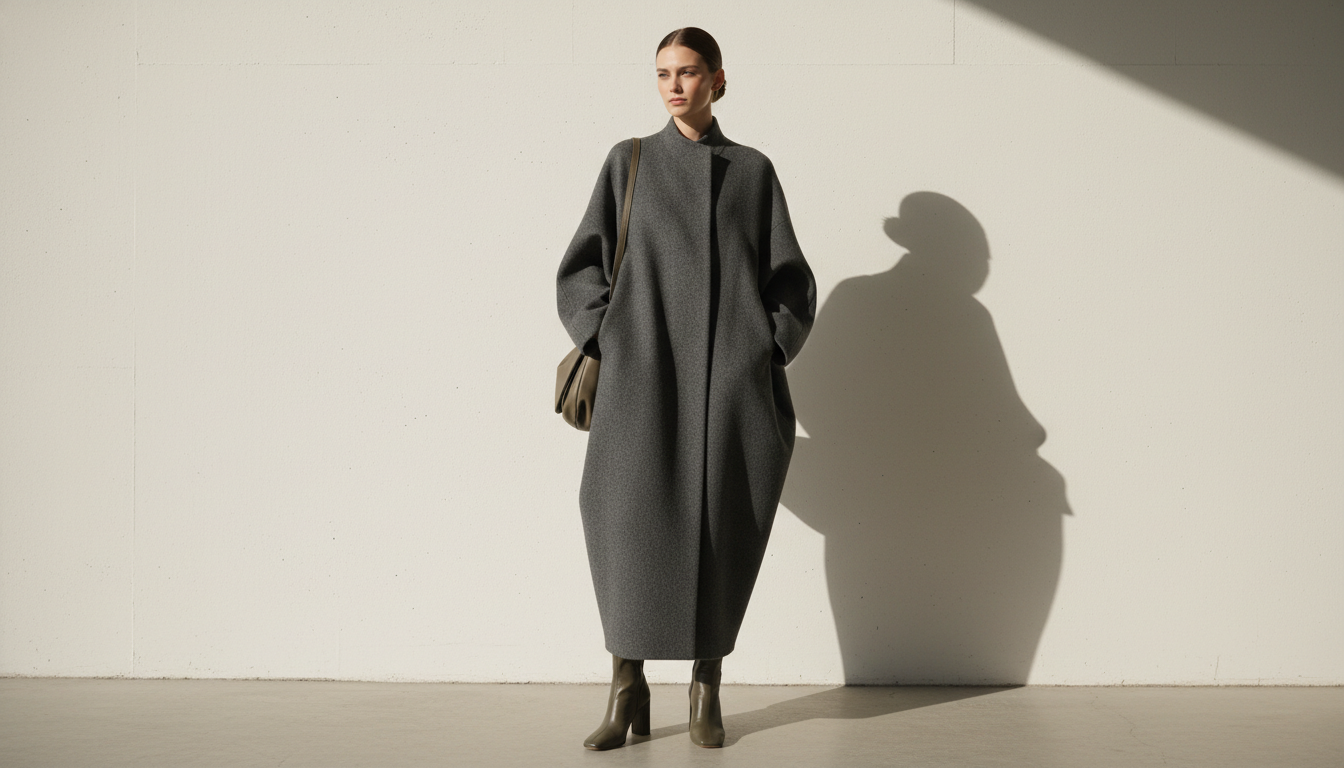Модель в идеально скроенном пальто-коконе из серой био-шерсти, подчеркивающем архитектурность силуэта.