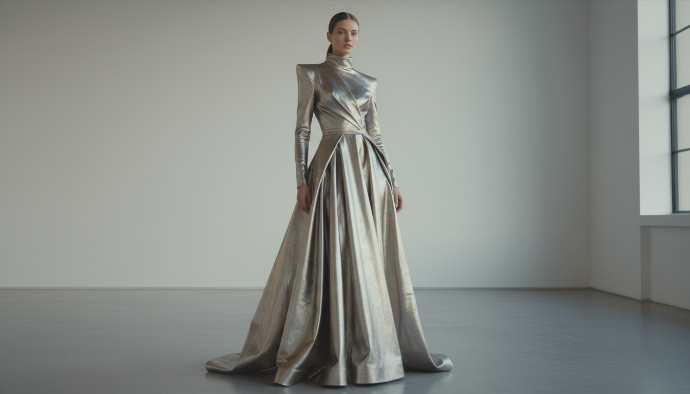 Скульптурное платье с архитектурными складками, выполненное из инновационного текстиля, похожего на жидкий металл.