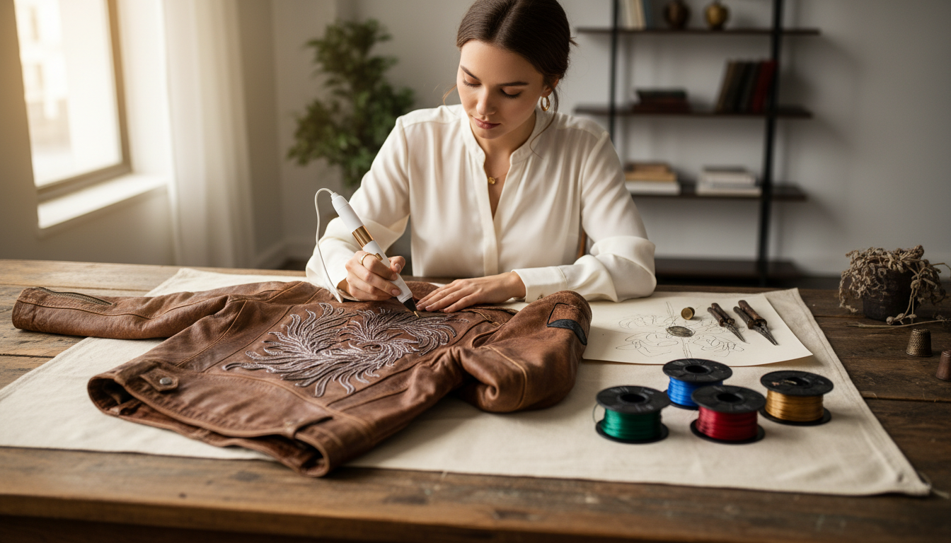 Женщина, использующая 3D-ручку для кастомизации своего винтажного кожаного жакета, символ долговечности и творчества.