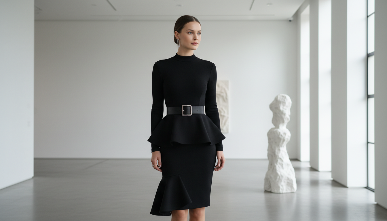 Женщина в черном платье с асимметричной баской, дополненном широким кожаным ремнем, подчеркивающим талию.