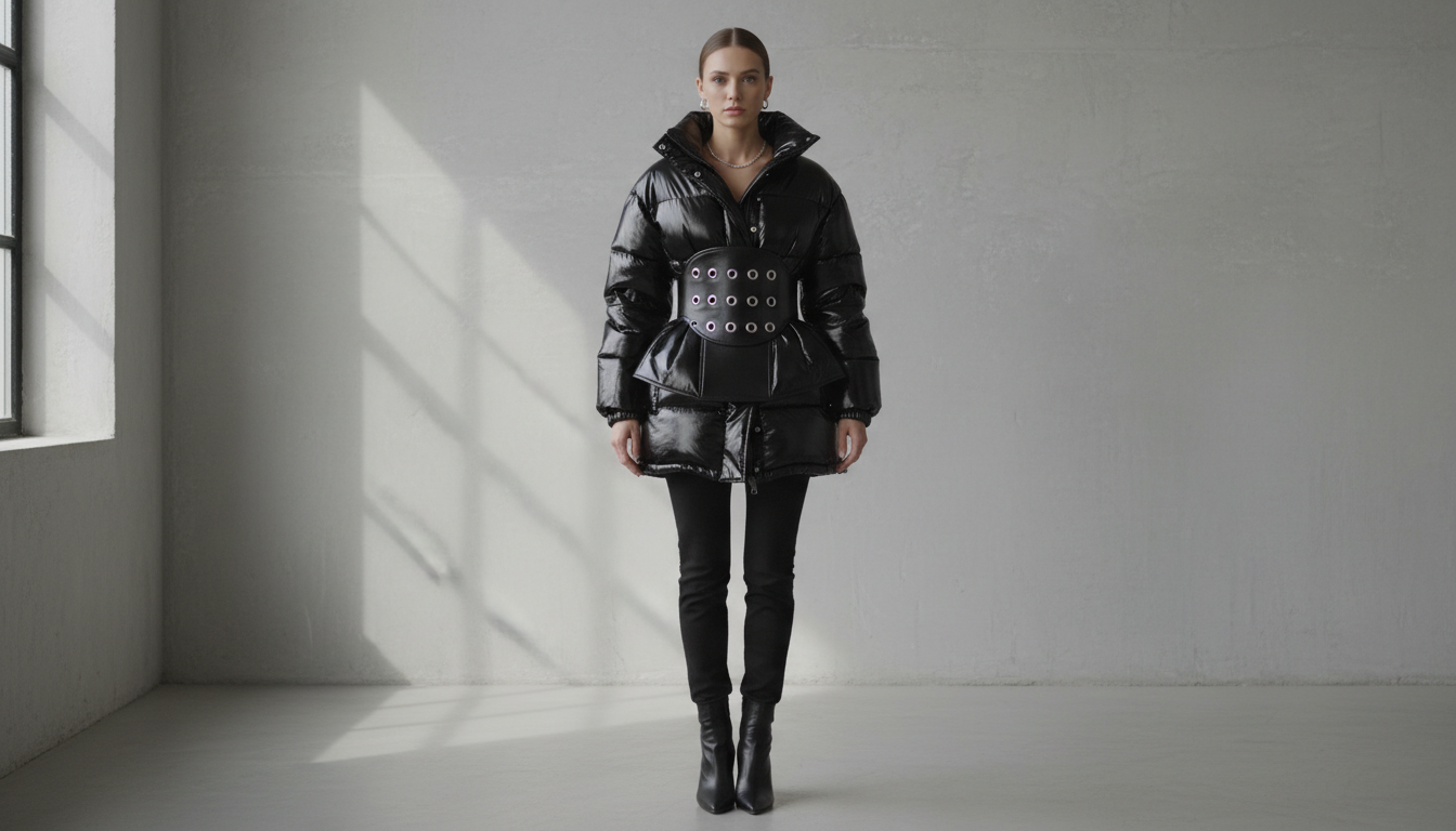 Девушка в черном лакированном пуховике, поверх которого надет очень широкий пояс-корсет из лакированной кожи с серебряными люверсами.