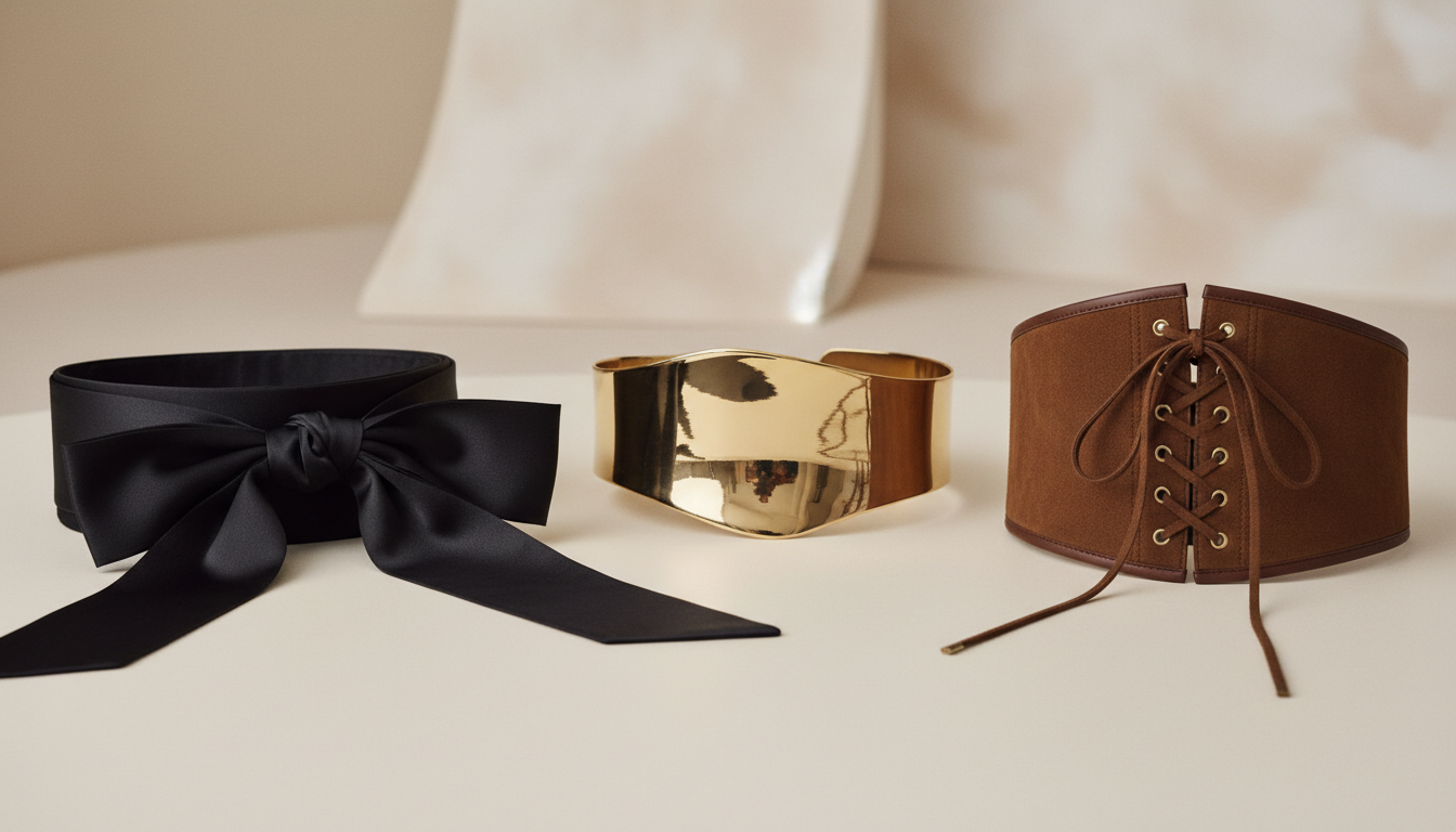 Несколько примеров ультра-широких ремней: один из них в виде пояса оби из черного атласа, второй – металлический пояс-пластина, третий – корсет из замши с шнуровкой.