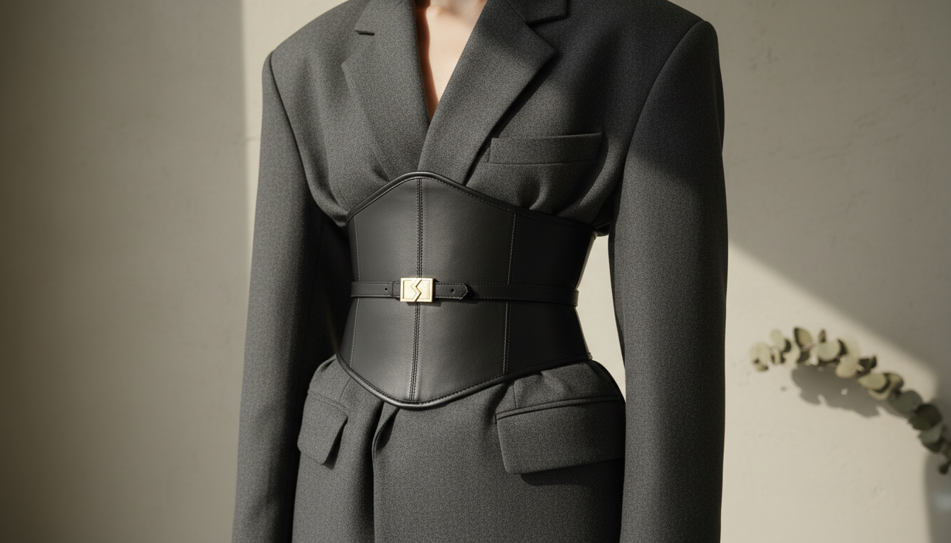 Деталь: Идеально стилизованный пояс-корсет, затянутый на талии поверх оверсайз жакета с широкими плечами.