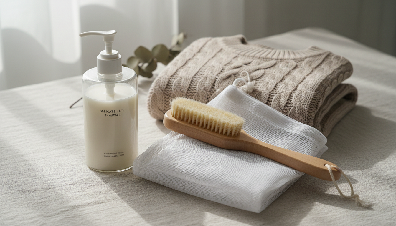 Набор для ухода за трикотажем: специальный шампунь, щетка для мохера и сетка для стирки.