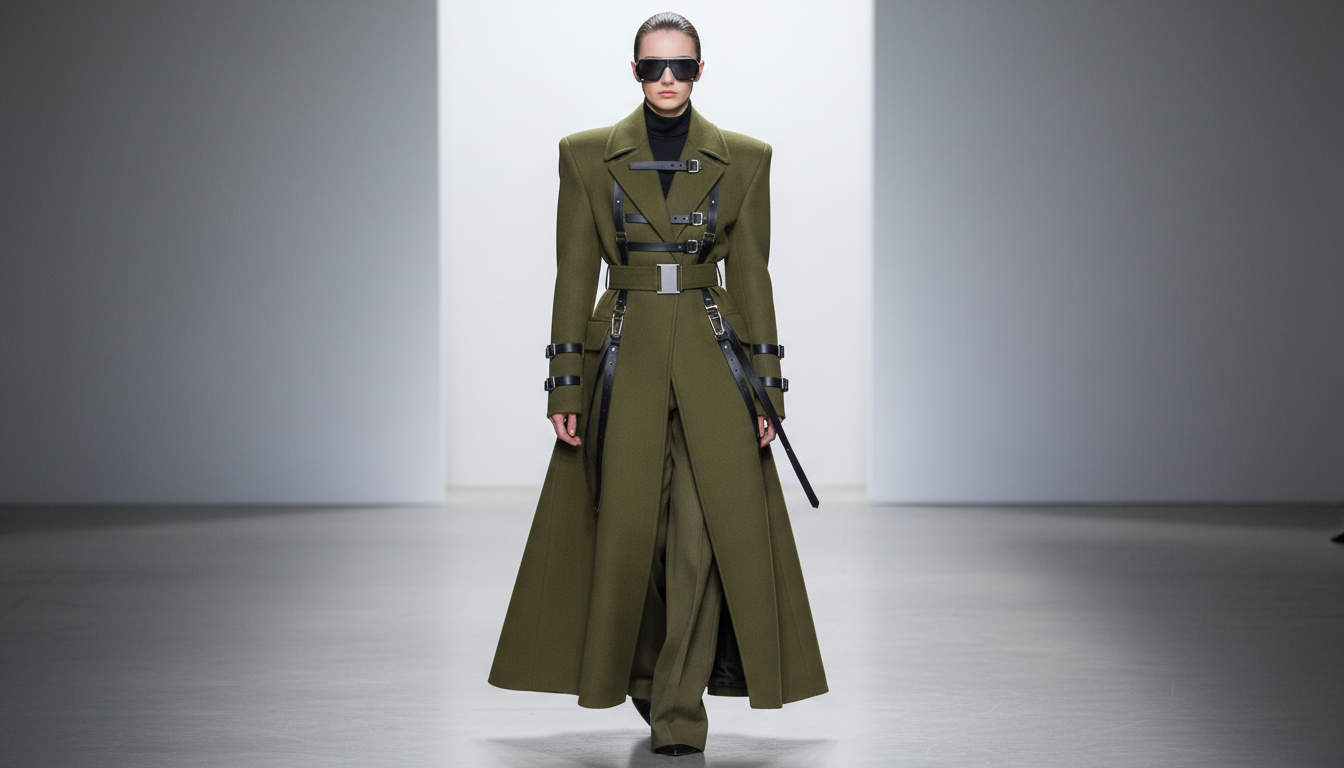 Подиумный образ: модель в длинном оливковом пальто с широкими плечами, украшенном множеством функциональных ремешков и металлических застежек.