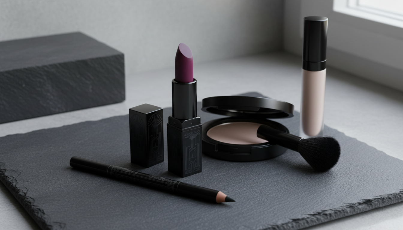 Набор косметики для создания макияжа «Готэм-Глэм»: матовая помада, карандаш, пудра и консилер.