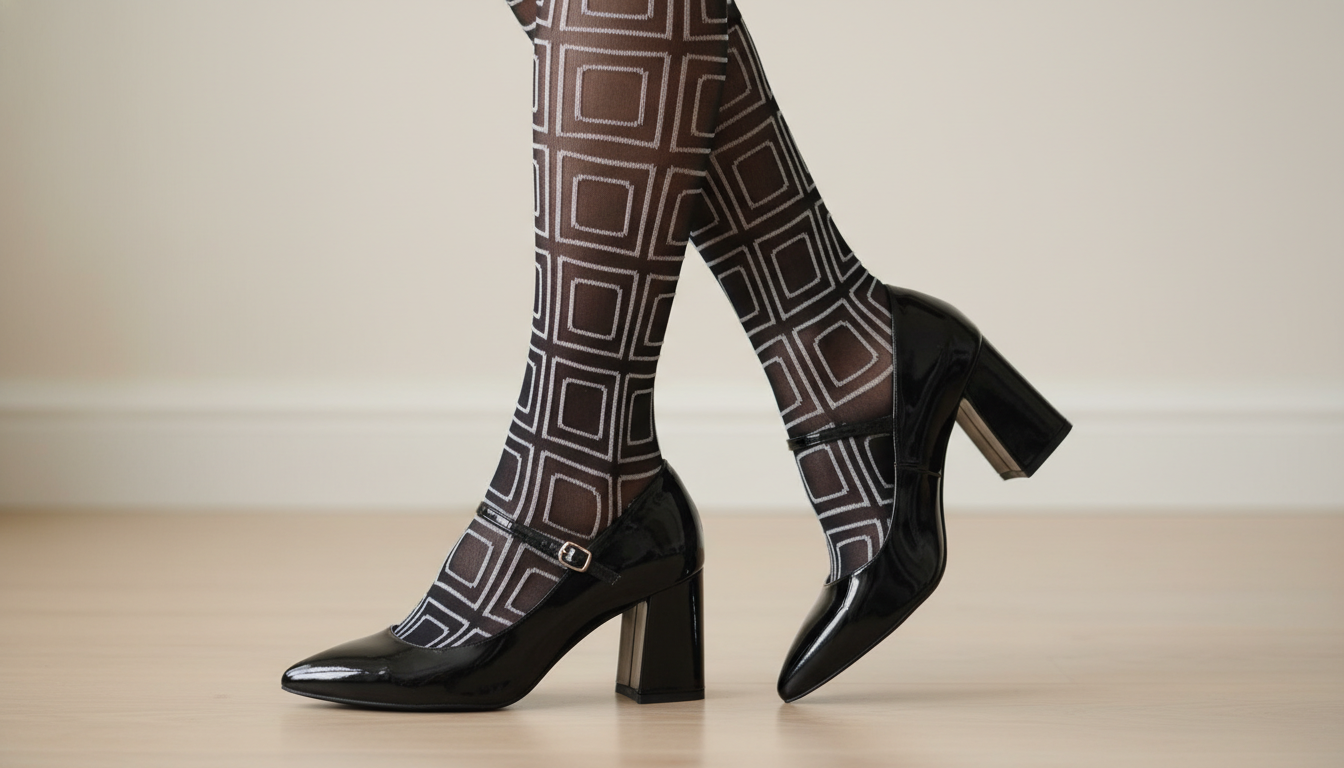 Крупный план на тонкие черные колготки с контрастным белым геометрическим узором, стилизованные с лакированными туфлями.