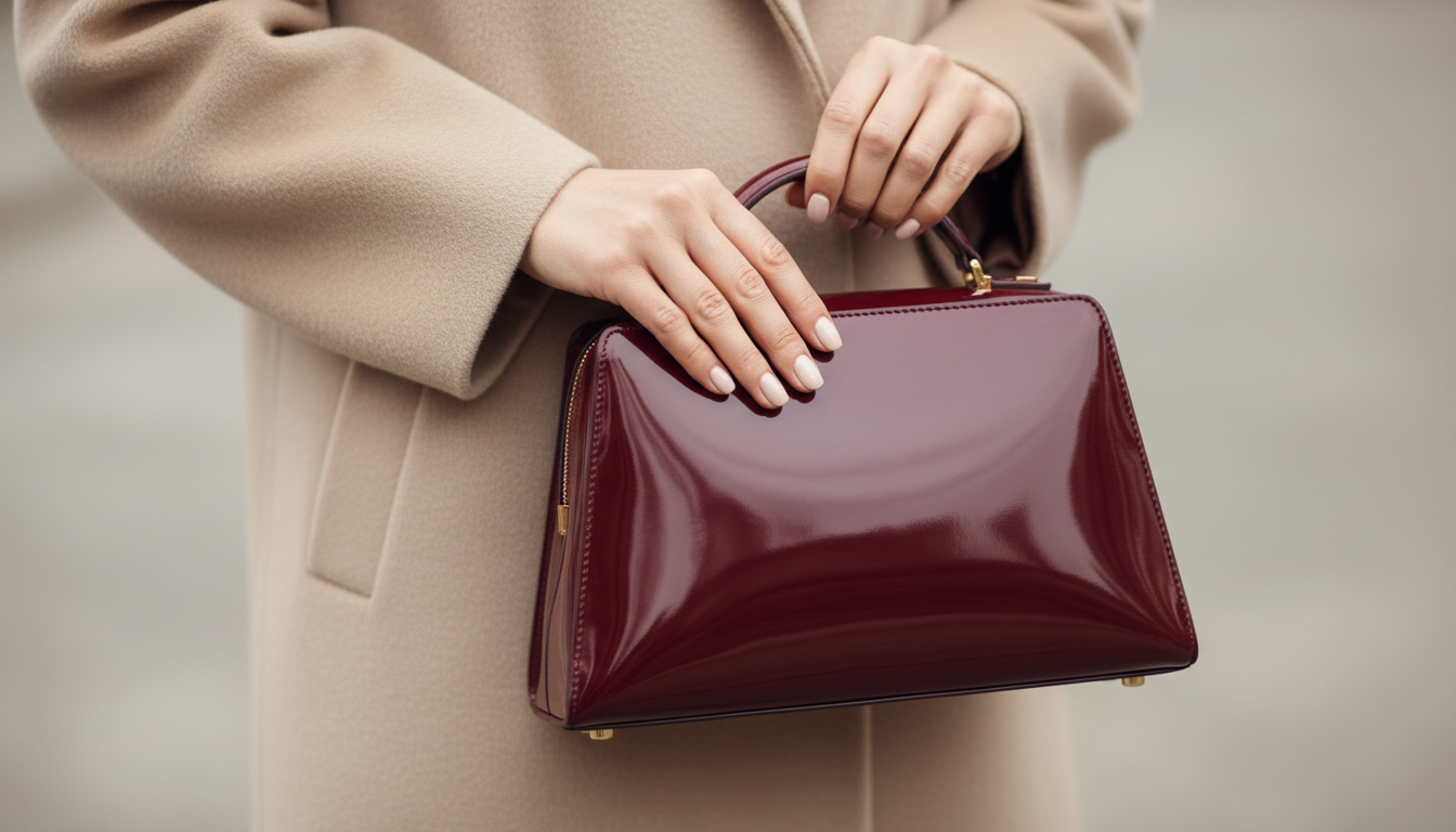 Крупный план рук, держащих глянцевую сумку-трапецию в цвете бургунди, на фоне текстуры кашемирового пальто