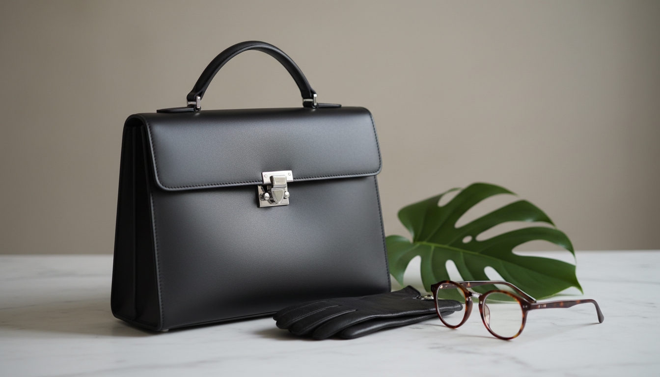 Сумка-портфель из матовой черной кожи рядом с перчатками и очками в роговой оправе