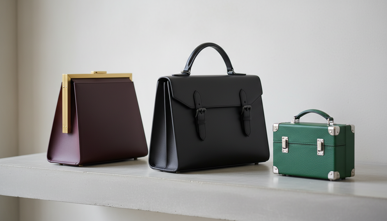 Разнообразие каркасных сумок в ряд: трапеция, портфель и мини-кейс в разных цветах – от черного до бордового