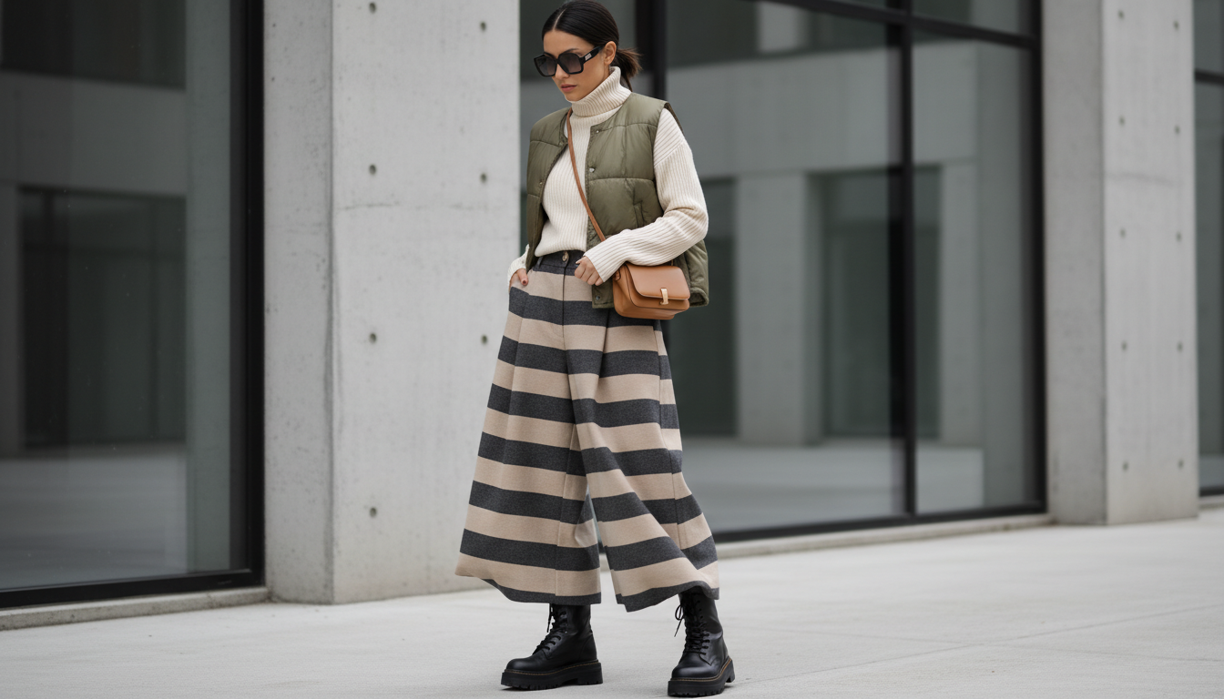 Образ с широкими полосатыми брюками, заправленными в массивные зимние ботинки, и укороченным дутым жилетом.