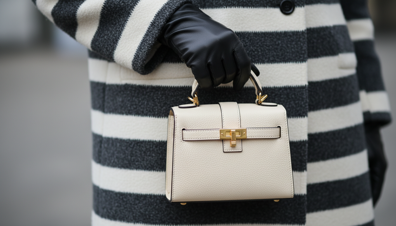 Крупный план: Рука в длинной кожаной перчатке держит маленькую структурированную сумку на фоне полосатого шерстяного жакета.