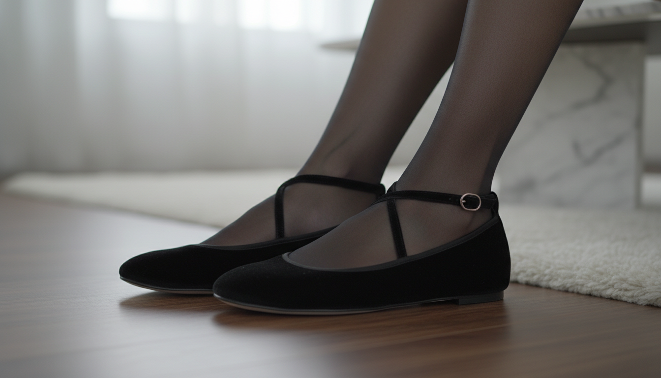 Крупный план: черные бархатные балетки с тонкими ремешками, надетые поверх плотных черных колготок с легкой прозрачностью.