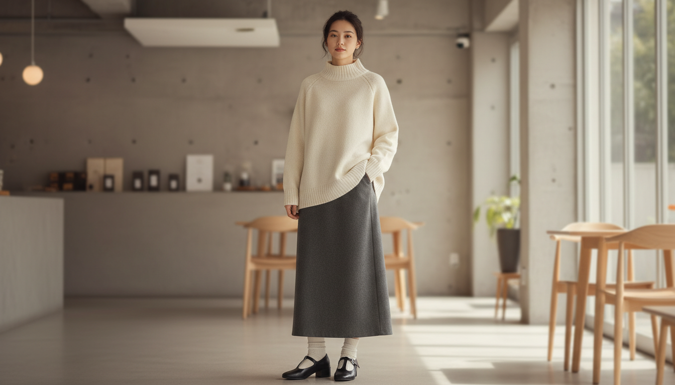 Девушка в длинной серой шерстяной юбке-колонне, объемном свитере и черных туфлях Мэри-Джейн на небольшом каблуке с белыми носками.