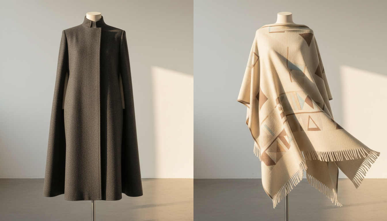 Сравнение: слева - структурированный кейп-пальто из плотной шерсти, справа - мягкое кашемировое пончо с геометрическим узором.