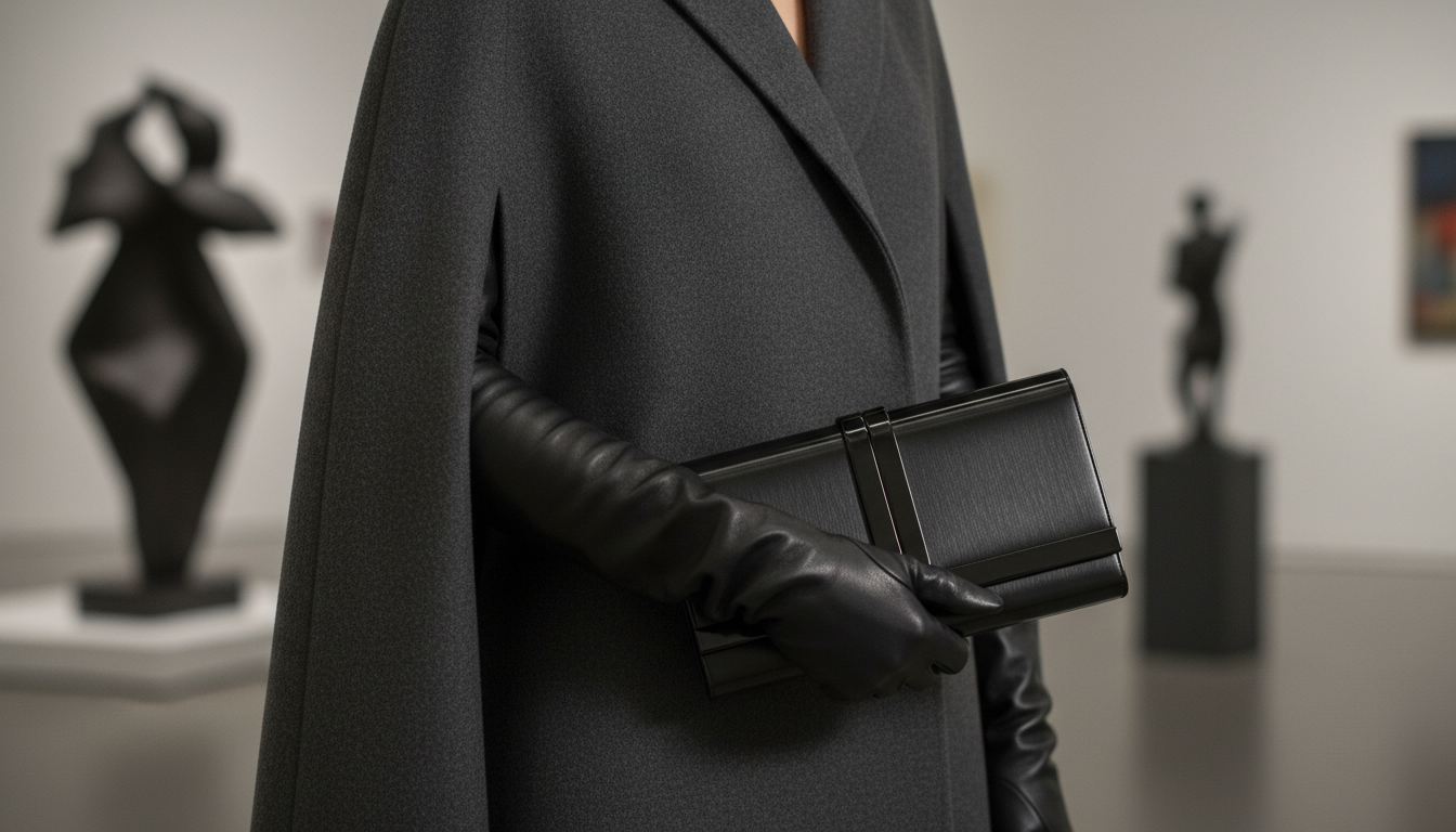 Крупный план: стилизация кейпа с длинными черными кожаными перчатками и жестким каркасным клатчем.