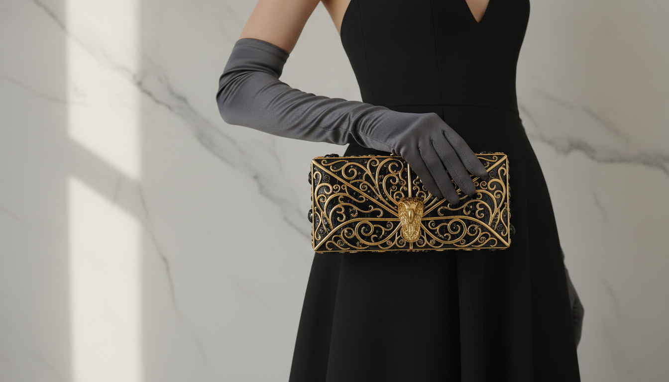 Стильный клатч с металлическим декором, который модель держит в длинной перчатке.