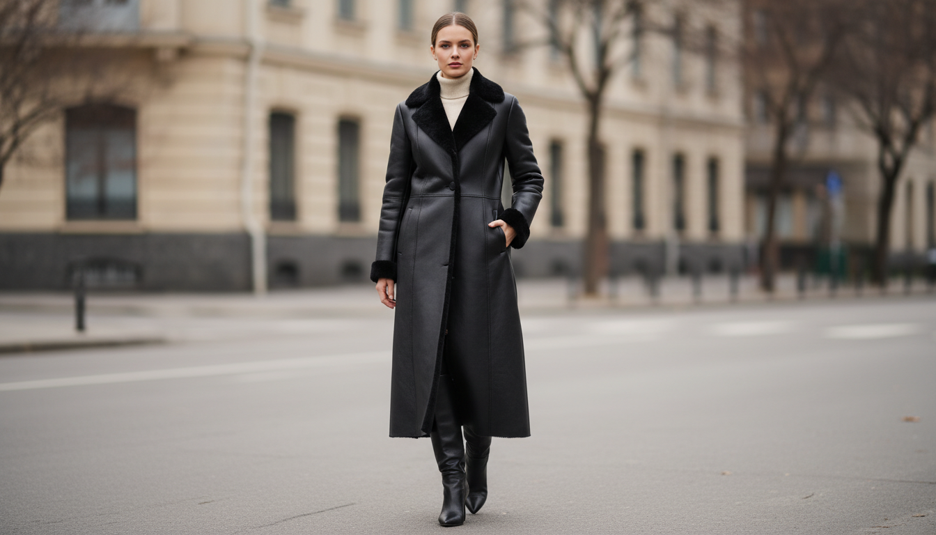 Модель в длинной черной дубленке макси-длины с минималистичной овчиной, стилизованной с высокими кожаными сапогами.