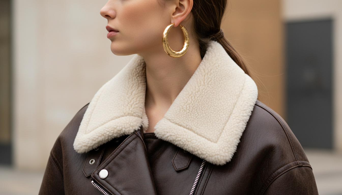 Деталь: Крупные золотые серьги, выглядывающие из-под воротника объемной дубленки-авиатора.