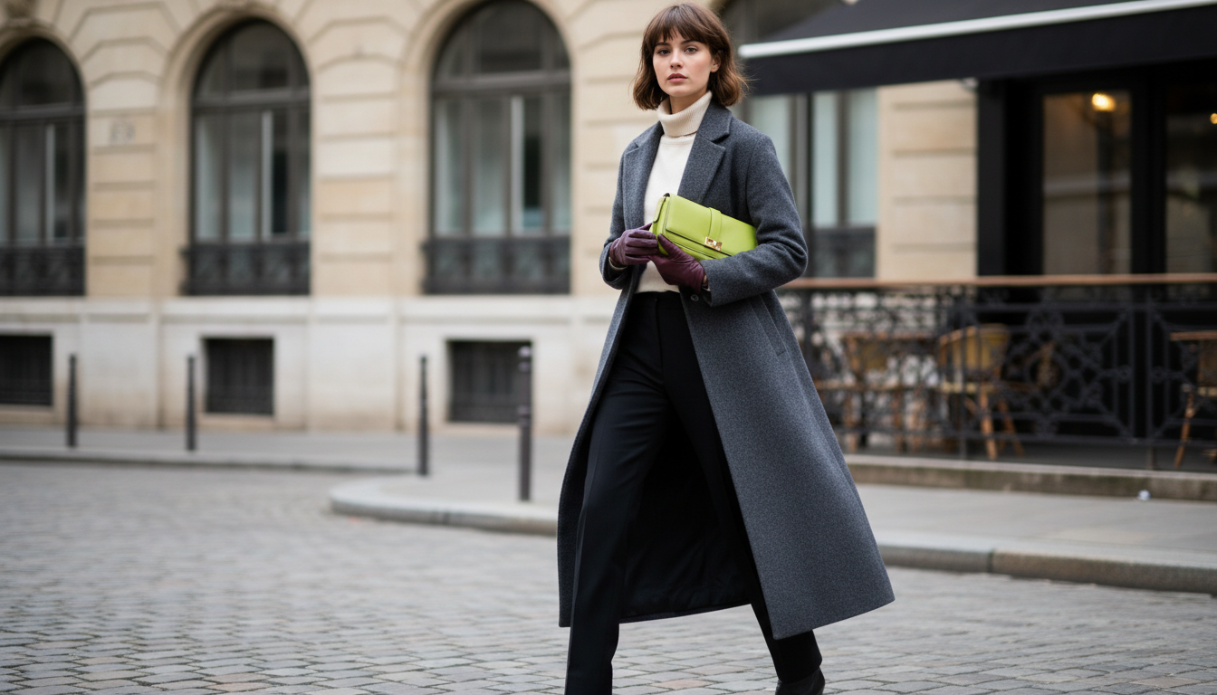 Девушка в длинном сером пальто, держащая в руках лаймовую сумку-багет, контрастирующую с перчатками.