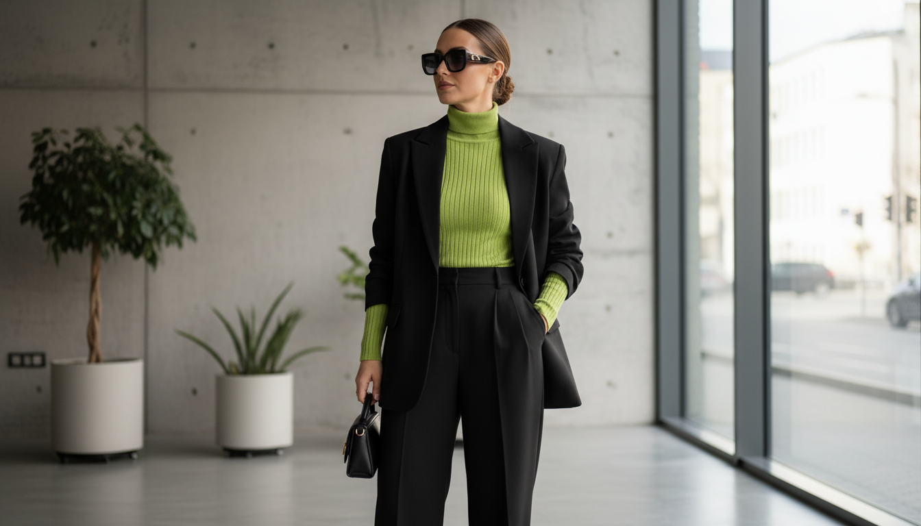 Стилизованный черный костюм с лаймовой водолазкой, заправленной в брюки с высокой талией.