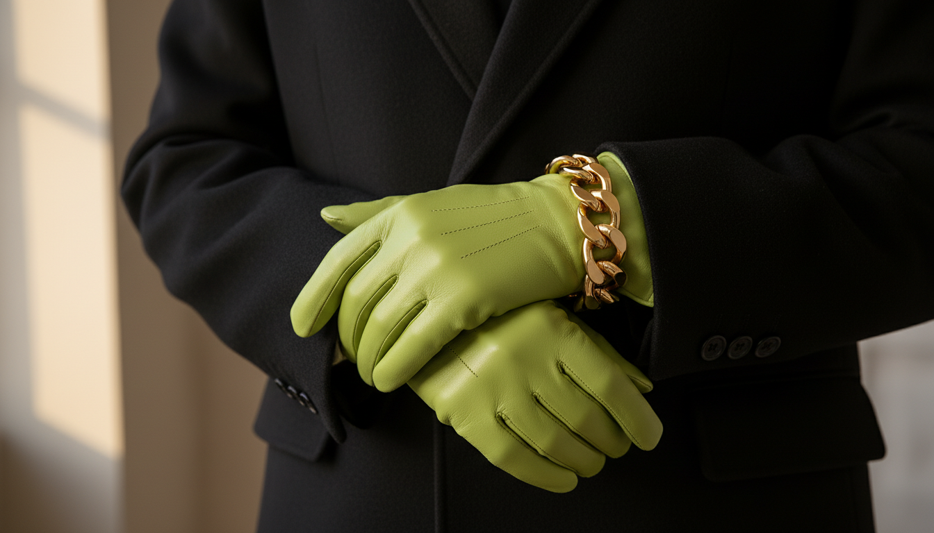 Крупный план лаймовых кожаных перчаток, надетых с черным пальто и массивным золотым браслетом.