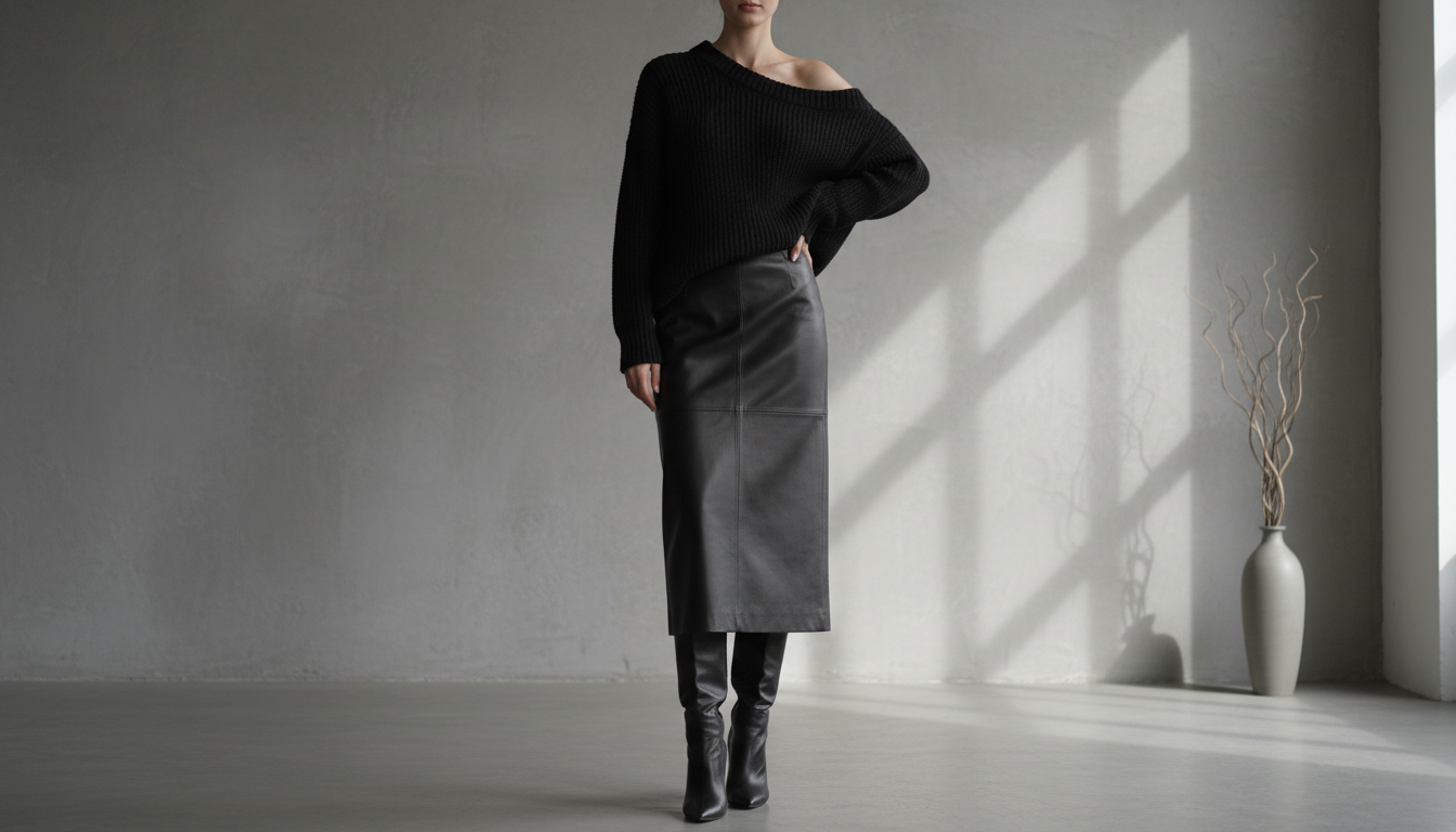 Черный объемный свитер One-Shoulder, стилизованный с кожаной юбкой-макси и высокими сапогами.
