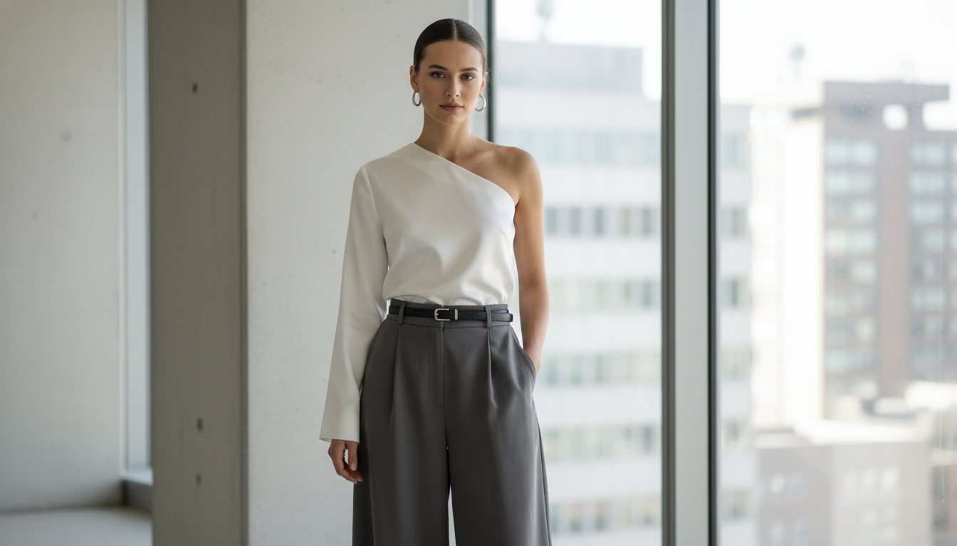 Стилизация асимметричного топа из плотного атласа с широкими брюками. Акцент на чистой линии плеча.