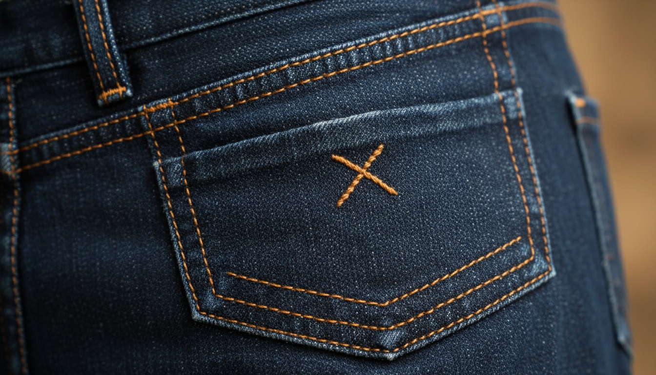 Крупный план текстуры жесткого, необработанного денима, показывающий плотность ткани и контрастную строчку.