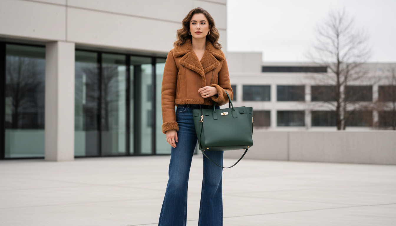 Девушка в джинсах-клеш и укороченной дубленке с высоким воротником, образ дополнен массивной кожаной сумкой.