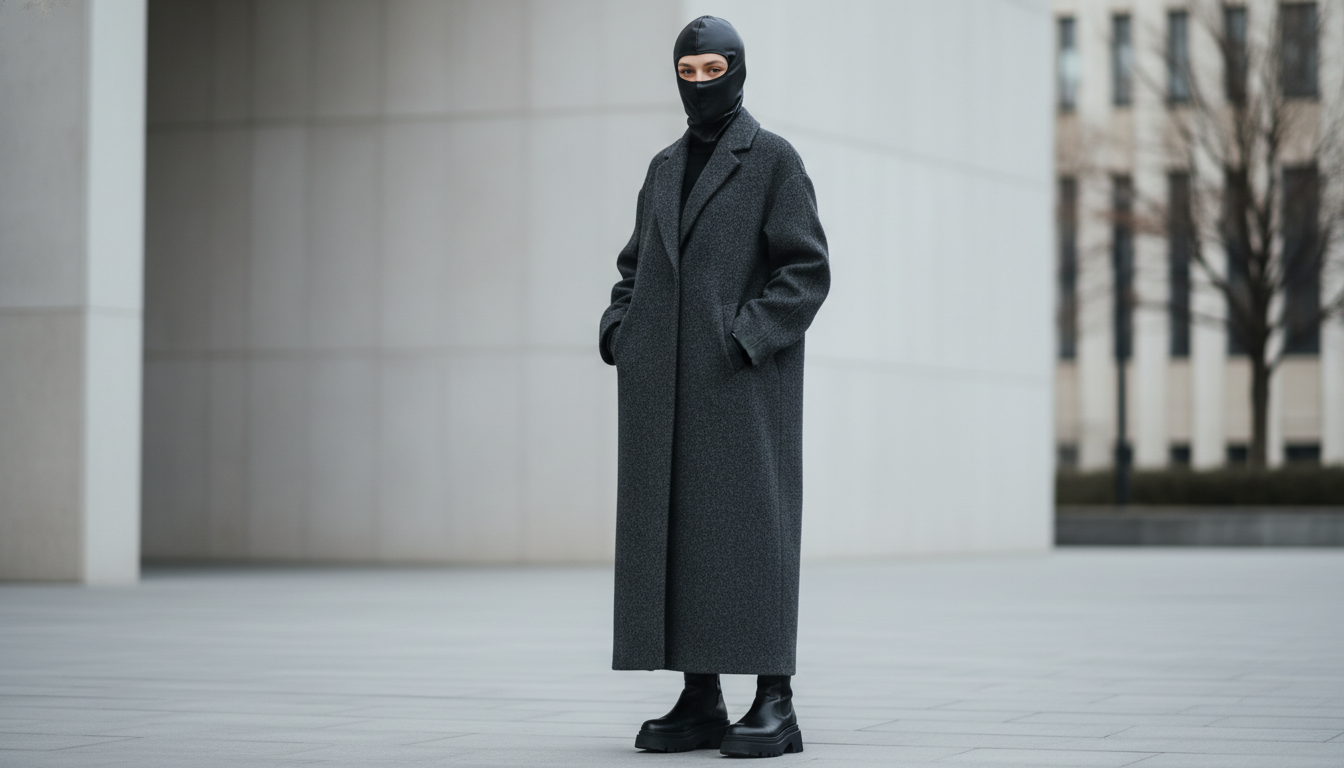 Стилизация балаклавы: девушка в черной кожаной балаклаве, которая сочетается с длинным шерстяным пальто и массивными ботинками на платформе.