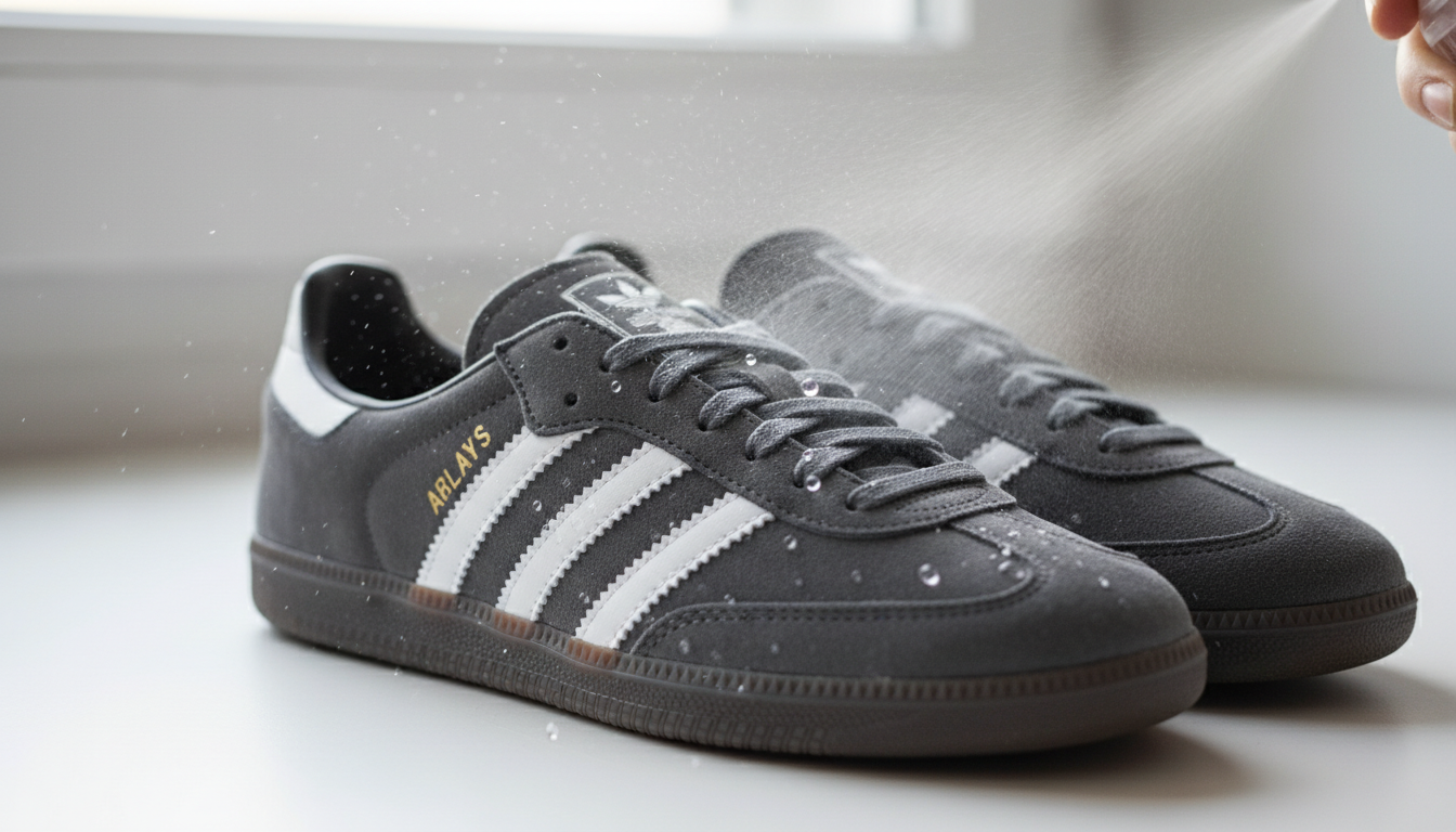 Крупный план кроссовок Samba в замшевом исполнении, обработанных водоотталкивающим спреем