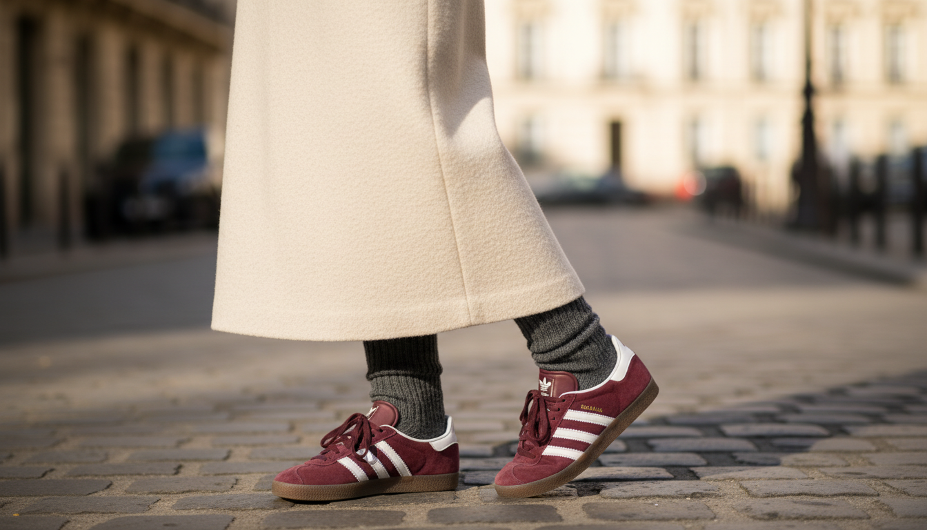Модель в длинной шерстяной юбке-колонне и кроссовках Gazelle, крупным планом видны плотные кашемировые носки
