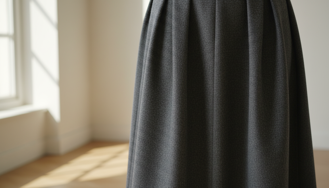 Крупный план на фактуру плотной темно-серой шерстяной юбки-макси с заниженной талией.