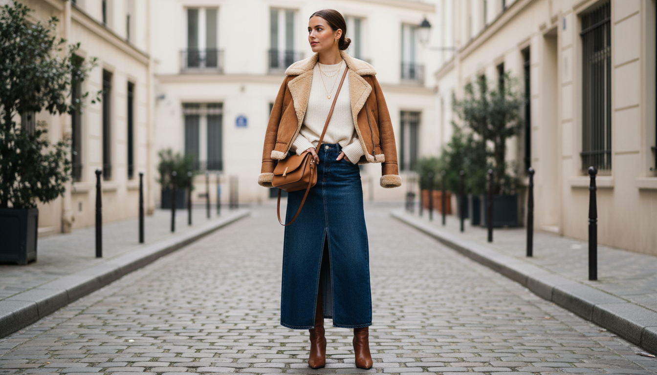 Стилизованный образ: длинная джинсовая юбка с заниженной талией, заправленный тонкий кашемировый свитер и укороченная дубленка-авиатор.