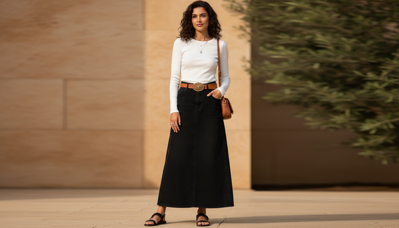 Девушка в длинной юбке из черного денима с заниженной талией, белом облегающем лонгсливе и тонком кожаном ремне с акцентной пряжкой.