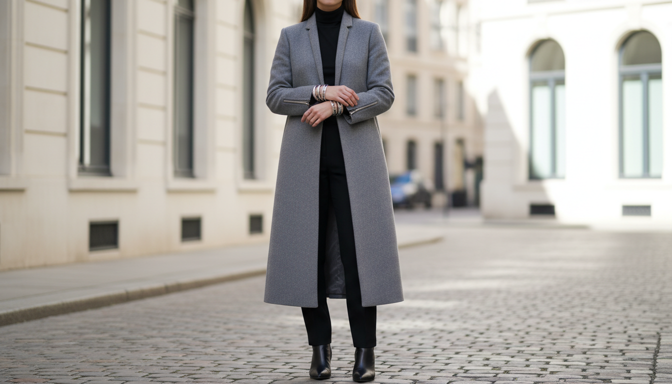 Девушка в длинном сером пальто, рукава которого имеют молнии на манжетах, расстегнутые, чтобы показать серебряные браслеты.