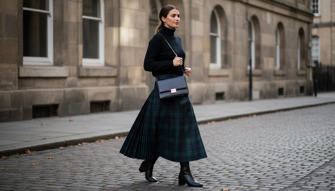 Длинная юбка-килт в темно-зеленую и синюю клетку, стилизованная с черным кашемировым свитером и минималистичной сумкой-портфелем.