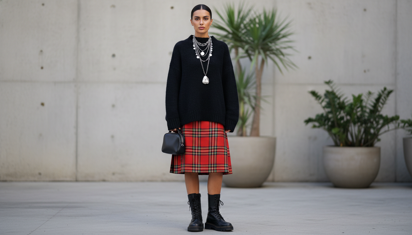 Стилизованный образ: килт-миди в красную клетку, черный объемный свитер из мохера, тяжелые кожаные сапоги и серебряные цепи-колье.