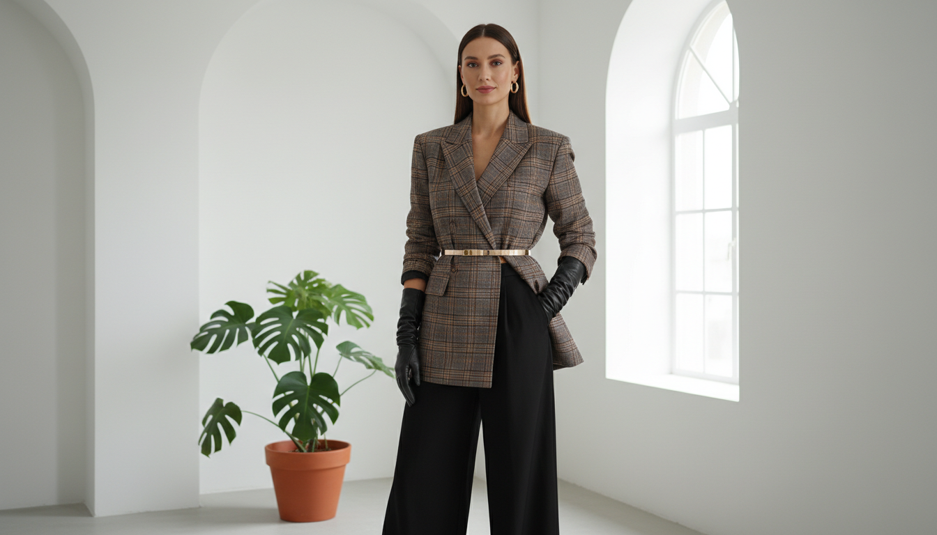 Женщина в структурированном жакете в клетку, стилизованном с черными брюками-палаццо и кожаными перчатками.