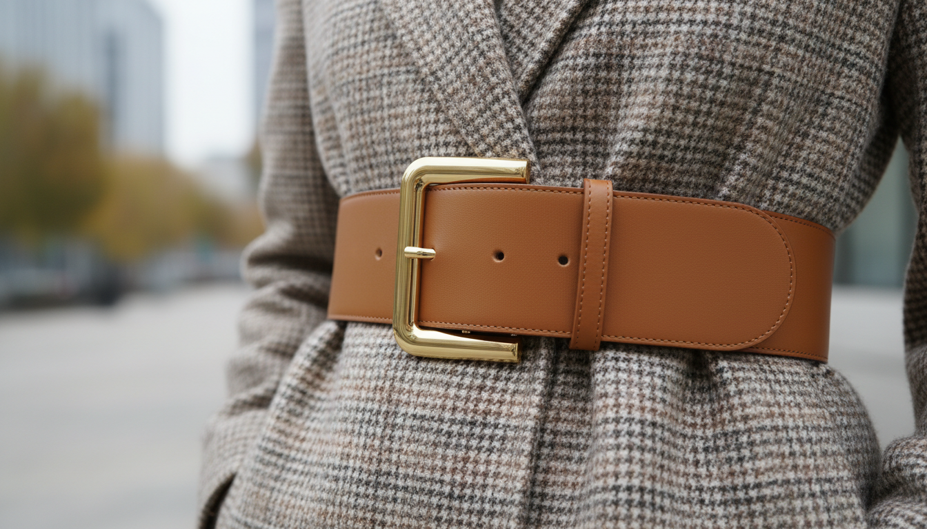 Деталь: кожаный ремень с крупной металлической пряжкой, надетый поверх пальто в клетку.