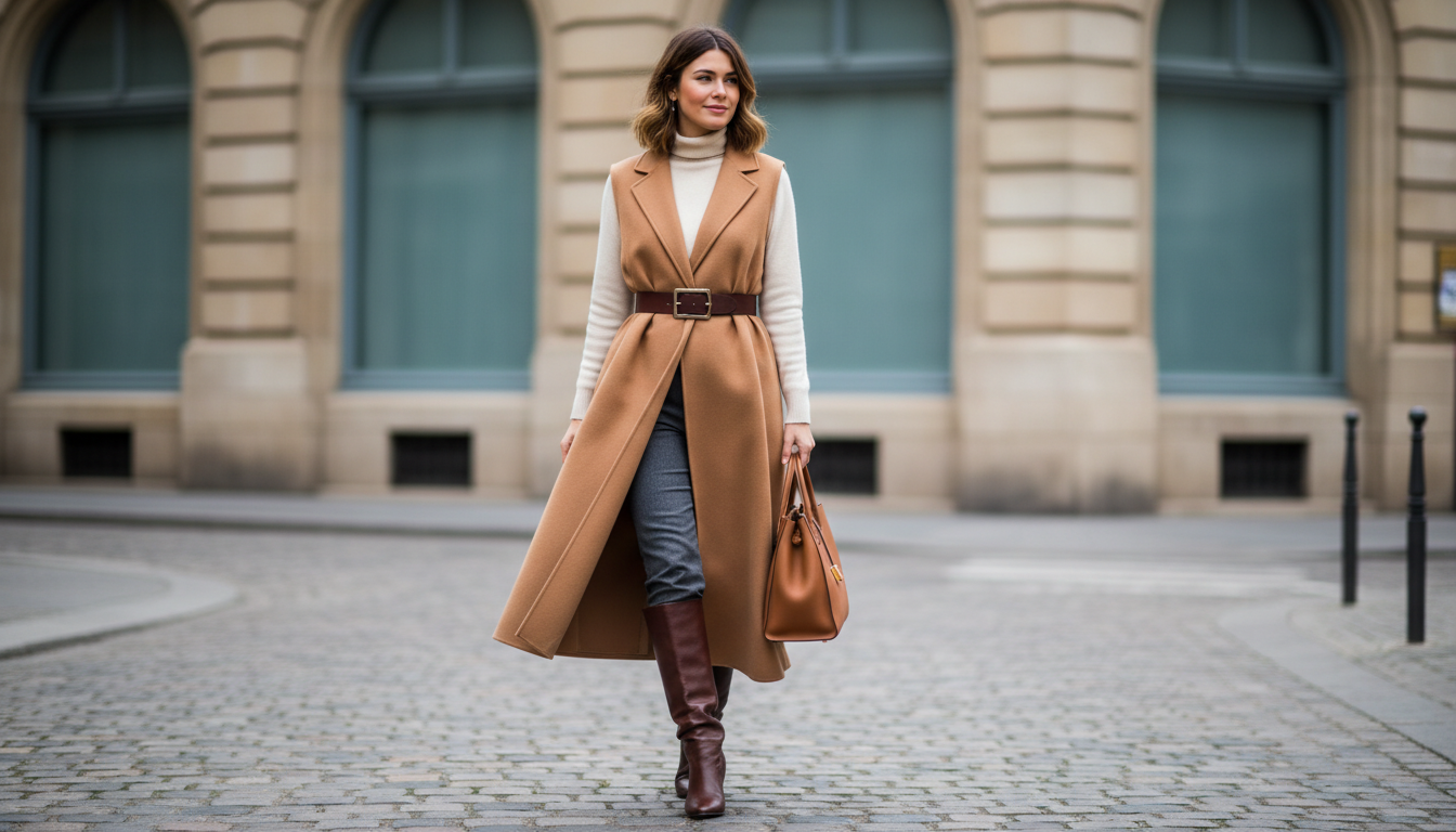 Девушка в длинном жилете верблюжьего цвета, подпоясанном широким кожаным ремнем, с высокими сапогами.