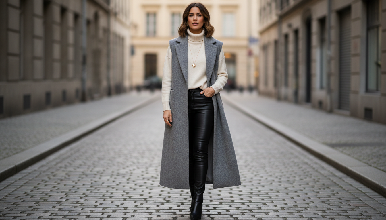 Финальный образ: Длинный жилет-пальто из плотной серой шерсти, надетый поверх тонкого свитера и кожаных леггинсов, с минималистичными золотыми украшениями.