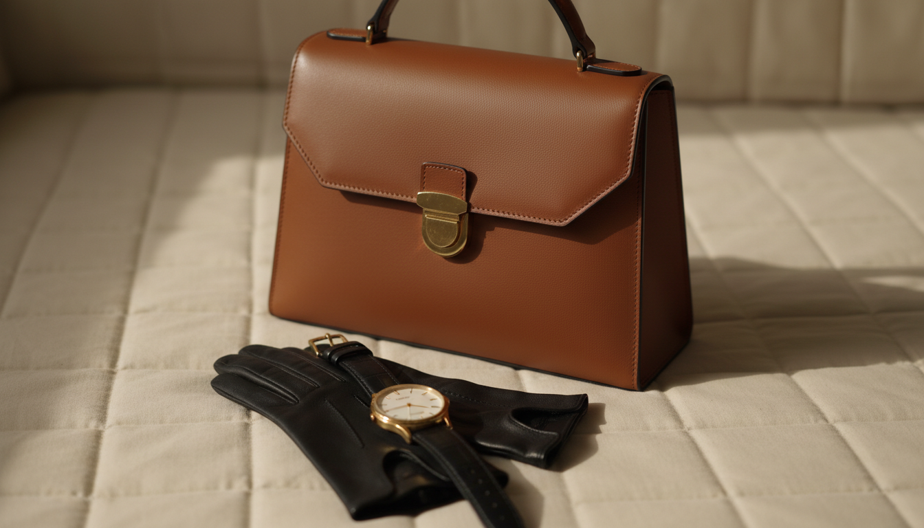 Натюрморт: Кожаные перчатки, золотые часы и структурированная сумка-портфель на фоне стеганой ткани.