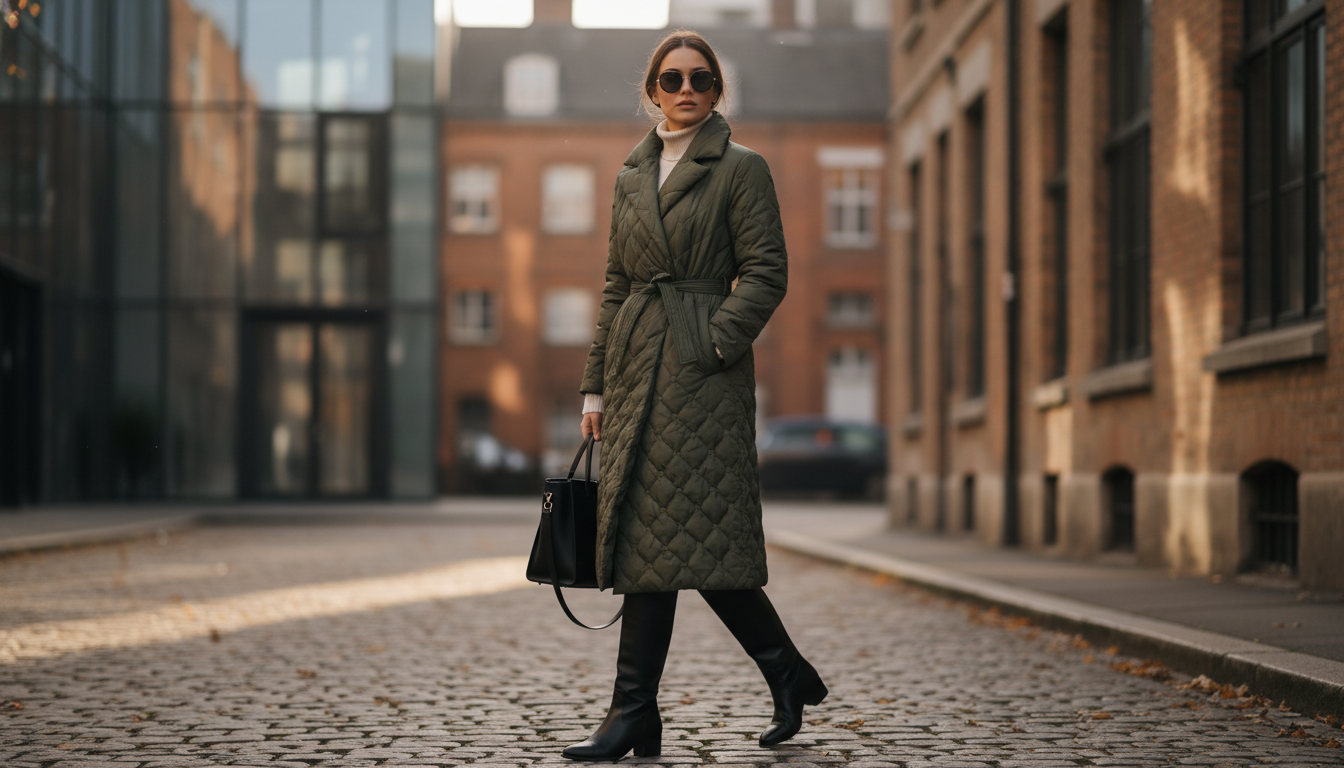 Модель в длинной стеганой куртке и сапогах-жокей идет по городскому пейзажу, подчеркивая универсальность стиля.
