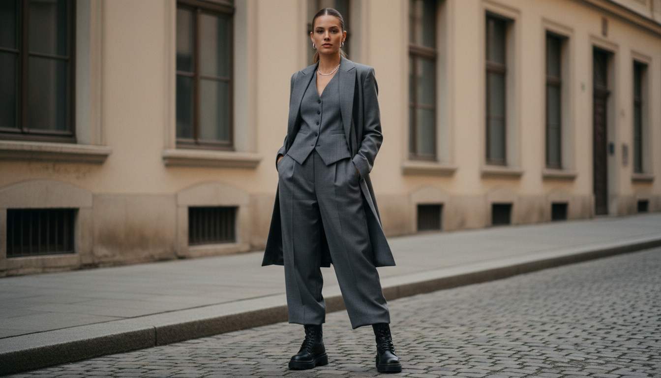 Серый костюм-тройка графитового цвета с широкими брюками и длинным жилетом, стилизованный с массивными ботинками.